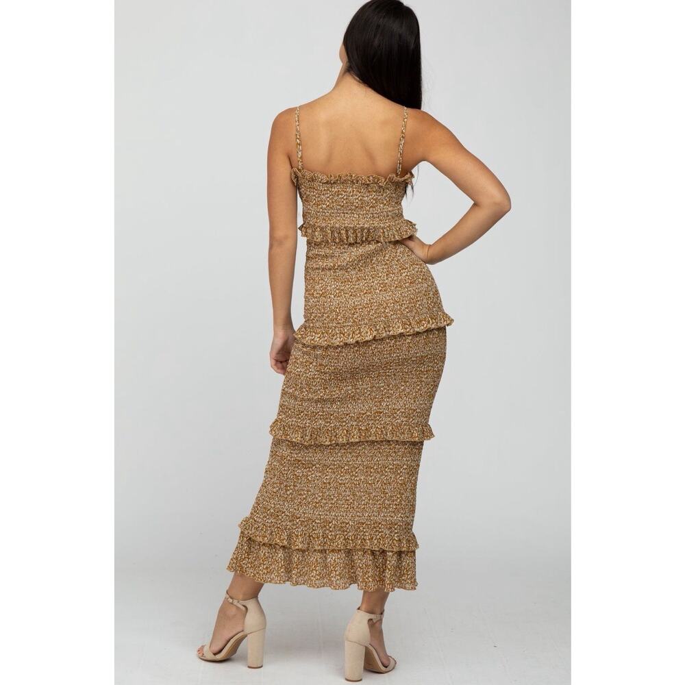 Mable Size Small Mustard Leaf Print Ruffle Tiered Smocked Fitted Midi Dress - Picture 2 of 16